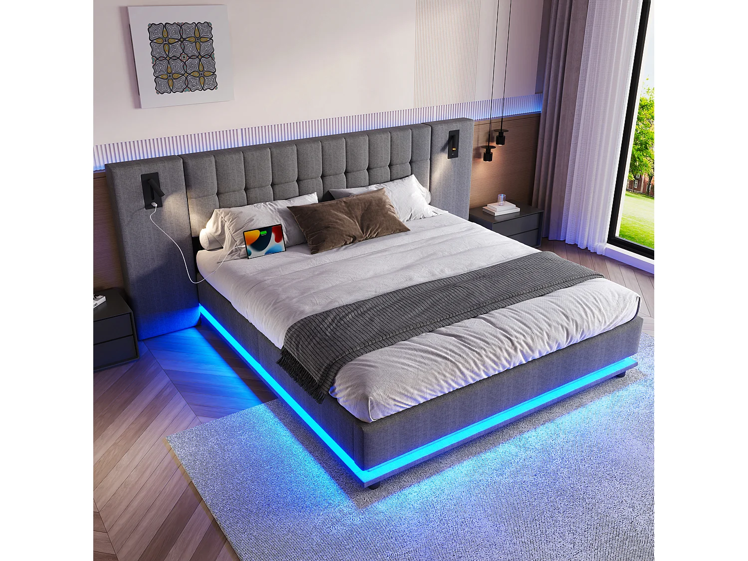 Łóżko dla dorosłych 180x200 cm Łóżko podwójne z listwą świetlną LED i lampką do czytania, USB - Len szare (bez materaca) 4808239 - obrazek 1