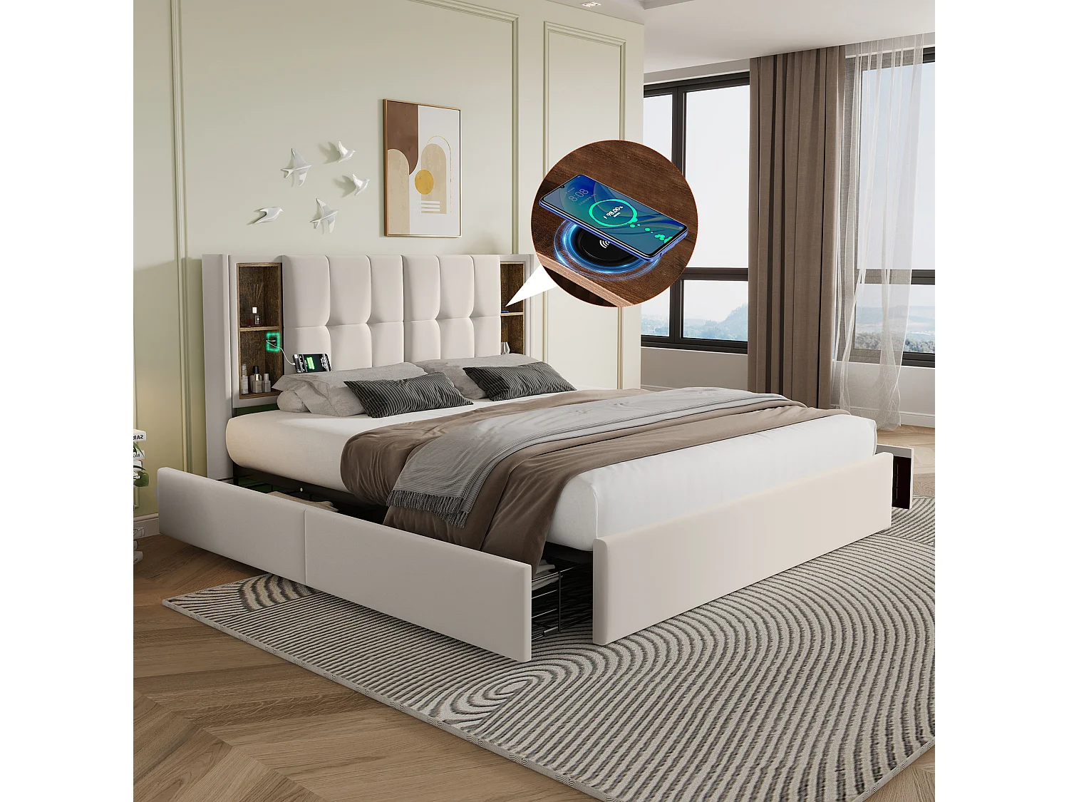 Łóżko dla dorosłych 160x200 cm z ładowaniem bezprzewodowym i portami USB, 4 szuflady - beżowy aksamit (bez materaca) 4808242 - obrazek 1