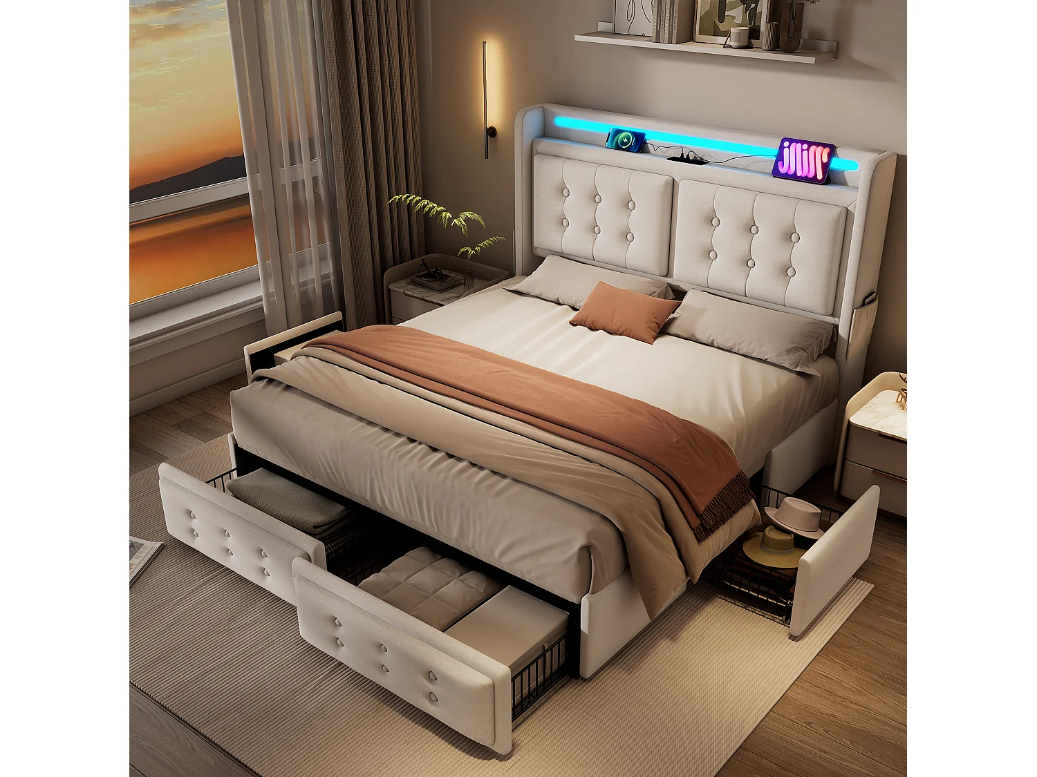 Łóżko dla dorosłych 180x200 cm Łóżko podwójne z oświetleniem LED i USB, 4 szuflady - beżowa bawełna (bez materaca) 4808248 - obrazek 1