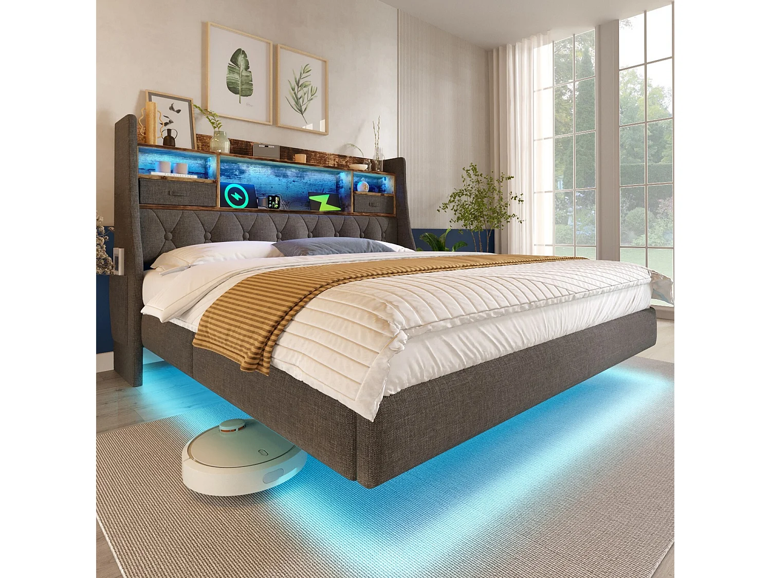 Łóżko dla dorosłych 160x200 cm, łóżko dwuosobowe z USB i oświetleniem LED, zagłówek ze schowkiem - Szary len (bez materaca) 4808251 - obrazek 1