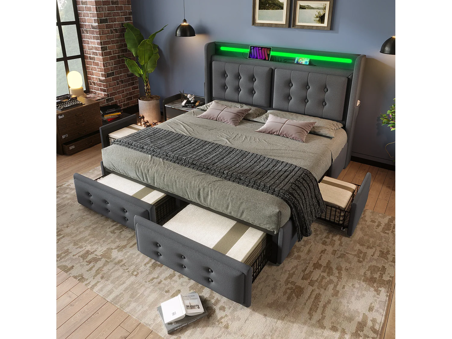 Łóżko dla dorosłych 180x200 cm Łóżko podwójne z oświetleniem LED i USB, 4 szuflady - szary bawełna (bez materaca) 4808252 - obrazek 1