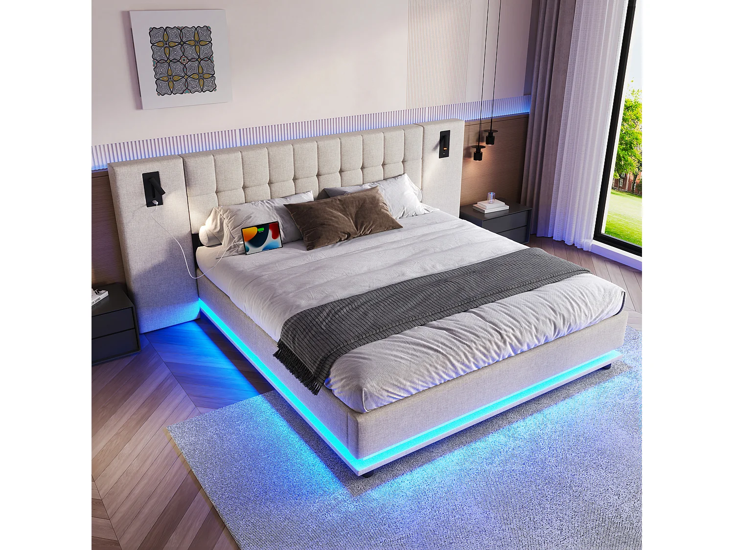 Łóżko dla dorosłych 180x200 cm Łóżko podwójne z listwą świetlną LED i lampką do czytania, USB - Len Beżowy (bez materaca) 4808262 - obrazek 1