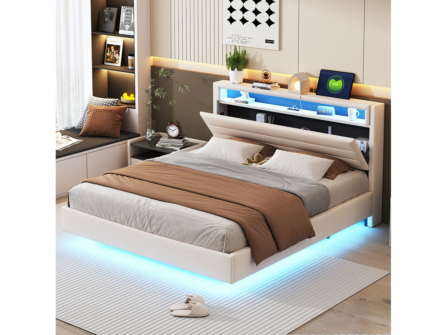 Łóżko dla dorosłych 160x200 cm, łóżko małżeńskie z USB i LED, zagłówek ze schowkiem - len beżowy (bez materaca) 4808268 - obrazek 1