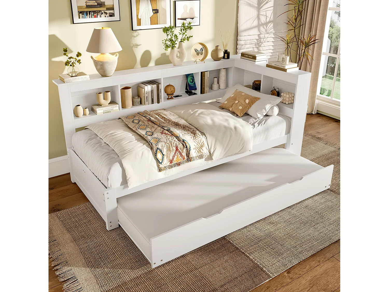 Łóżko dzienne 90x200 cm, łóżko dziecięce z wysuwanym łóżkiem i stelażem, 2 porty USB - białe (bez materaca) 4808525 - obrazek 1
