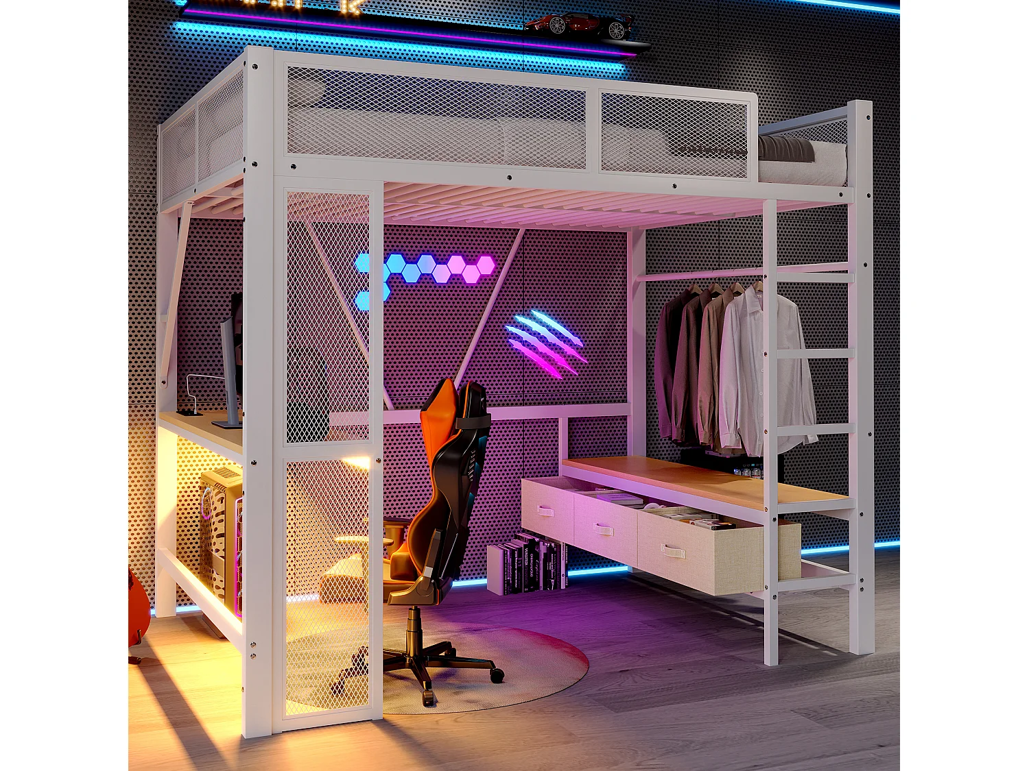 Łóżko piętrowe 140x200 cm, łóżko młodzieżowe z USB i oświetleniem LED, 3 szufladami i biurkiem - białe (bez materaca) 4808556 - obrazek 1