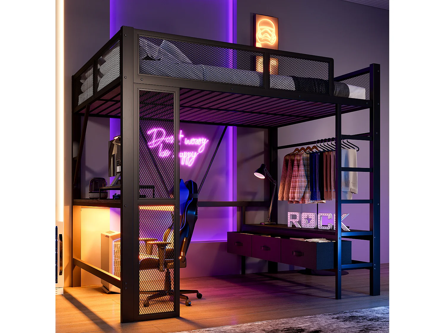 Łóżko piętrowe 140x200 cm, łóżko młodzieżowe z USB i oświetleniem LED, 3 szufladami i biurkiem - czarne (bez materaca) 4808575 - obrazek 1