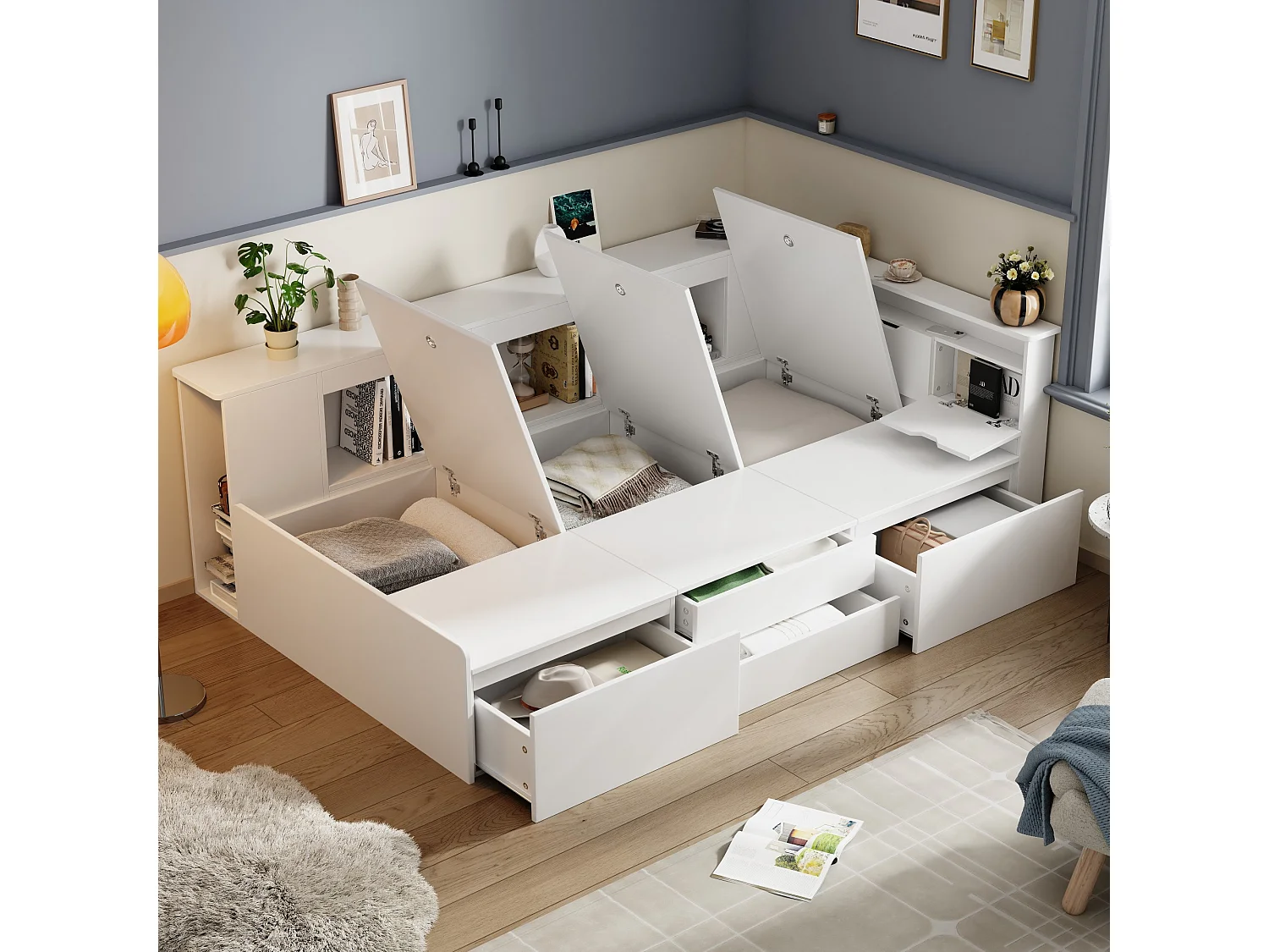 Łóżko dziecięce 90 x 200 cm z 4 szufladami + regał i szafka - MDF - białe 4811566 - obrazek 1