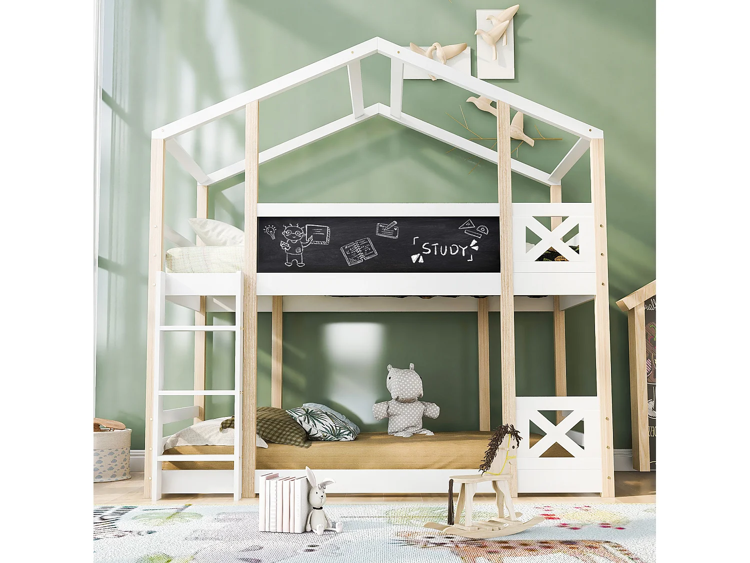Łóżko piętrowe dla dzieci - 2 x 90 x 200 cm - z drabinką + barierkami + stelażem z listew - drewno - białe 4811594 - obrazek 1