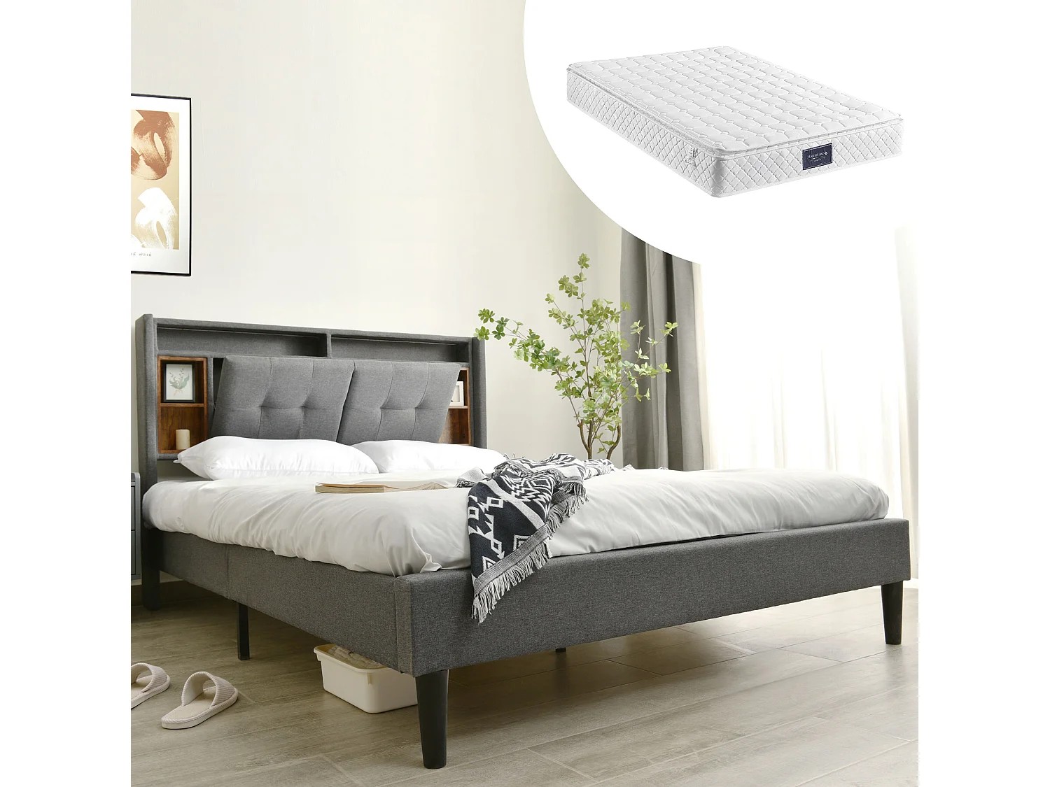 Łóżko dla dorosłych 140 x 200 cm – Zagłówek ze schowkiem i portem USB – len szary – materac w zestawie 4813204