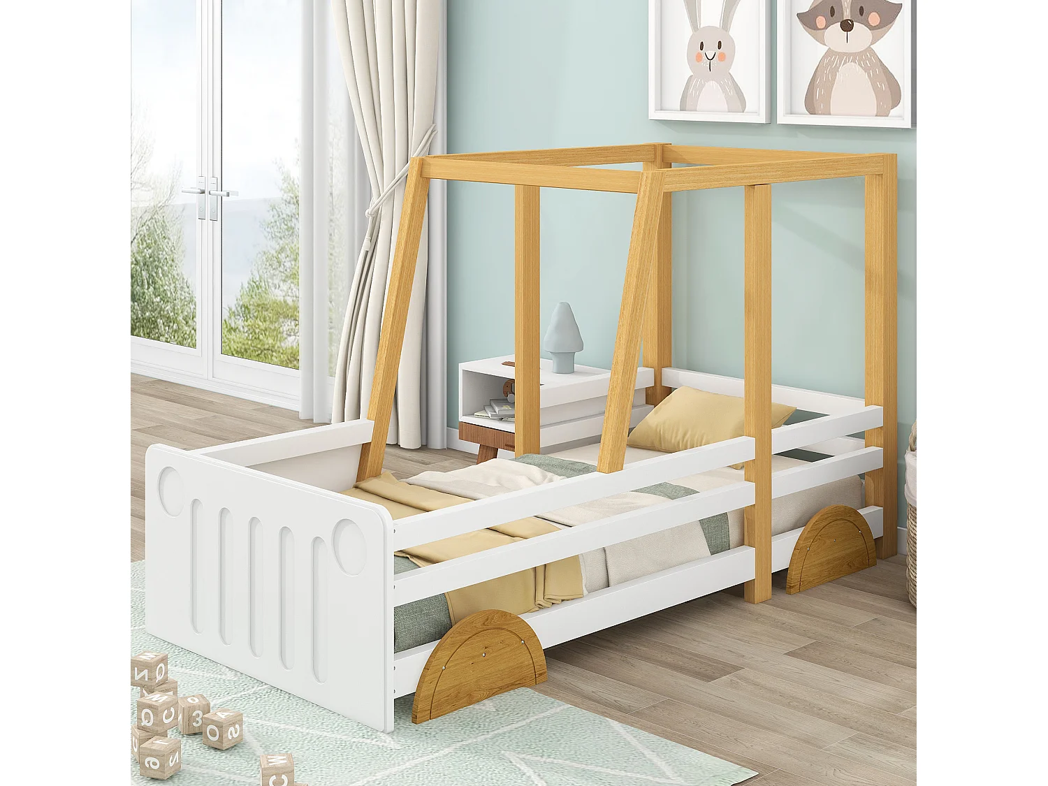 Łóżko dziecięce 90x200 cm - z zagłówkiem - z drewna - białe i naturalne - bez materaca 4813206 - obrazek 1