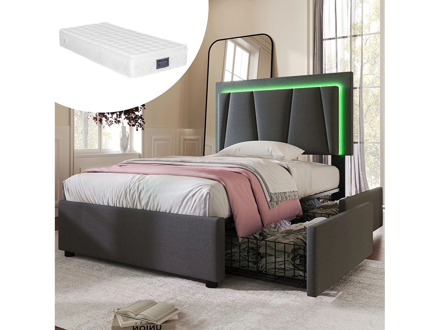 Łóżko dziecięce 90x200 cm – z zagłówkiem, 2 szufladami, oświetleniem LED, stelażem – szary len – materac w cenie 4813212 - obrazek 1