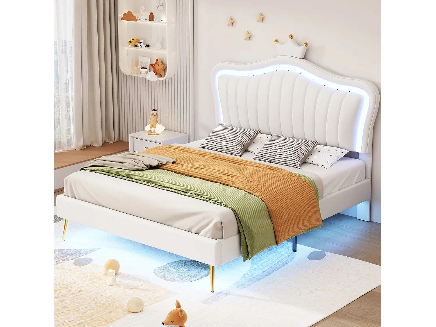 Łóżko dziecięce 140x200 cm - zagłówek z LED - skóra biała - materac nie jest wliczony w cenę 4813214 - obrazek 1