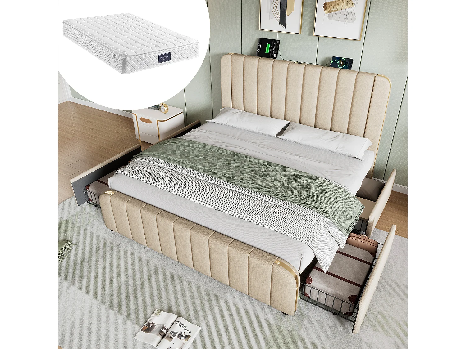 Łóżko dla dorosłych 160x200 cm - z zagłówkiem, USB/Typ-C, 4 szufladami, stelażem - beżowy len - materac w cenie 4813361 - obrazek 1