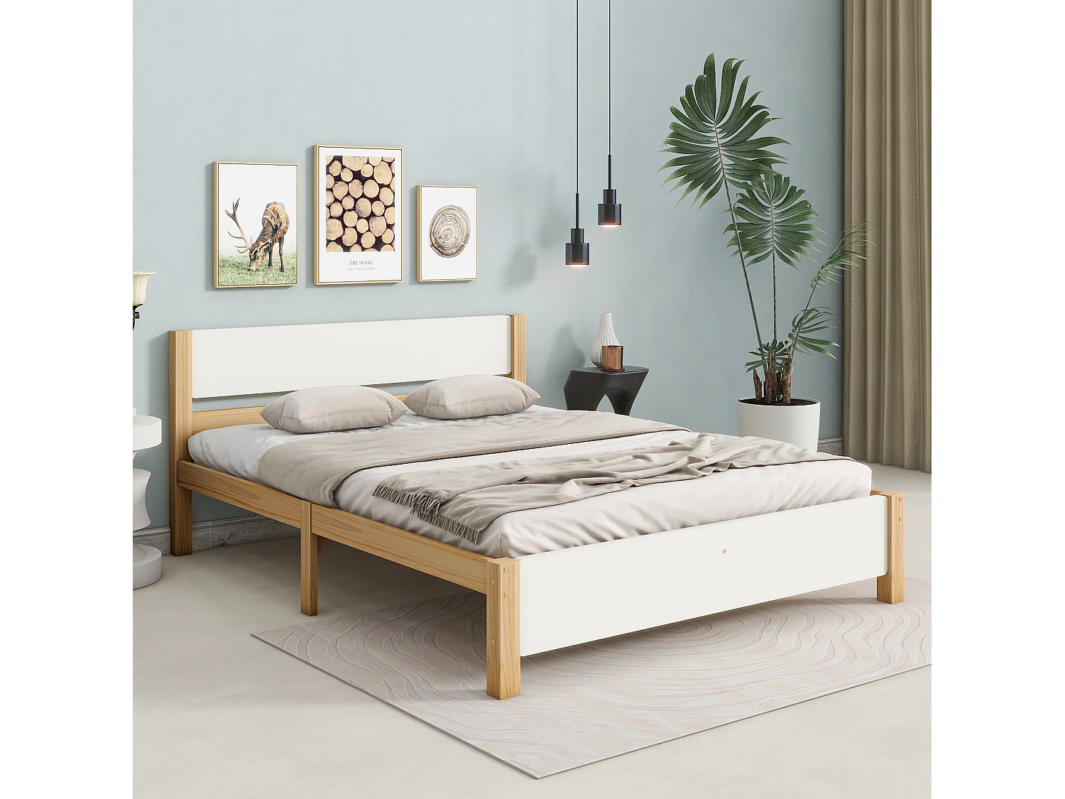 Łóżko dla dorosłych 140x200 cm – łóżko podwójne z zagłówkiem – kolor biały i naturalne drewno – materac nie jest wliczony w cenę 4813365 - obrazek 1