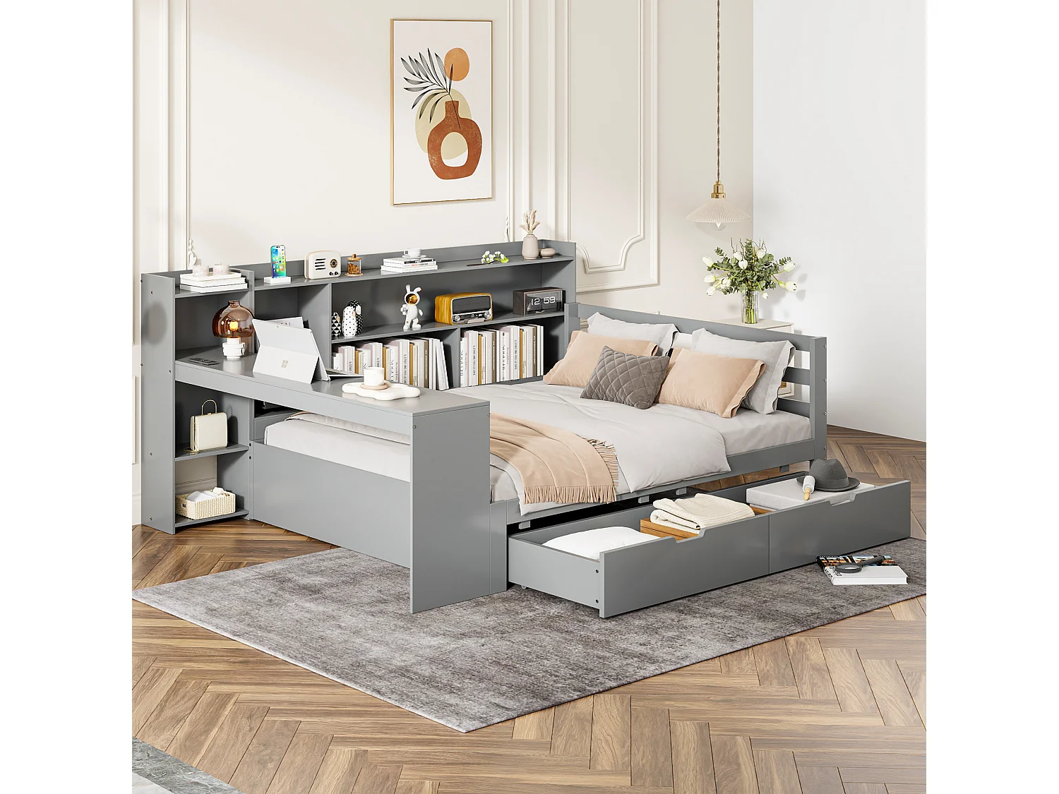 Łóżko dla dorosłych 140x200 cm - z 2 szufladami, półkami i gniazdem USB - drewno - szare 4813367 - obrazek 1