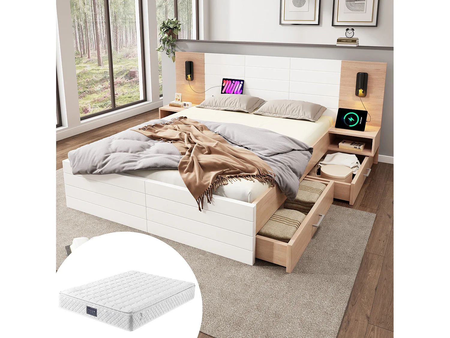Łóżko dla dorosłych 140x200 cm - z zagłówkiem, gniazdem USB, 2 szufladami, stelażem - kolor biały i jasny dąb - materac nie jest wliczony w cenę 4813370 - obrazek 1