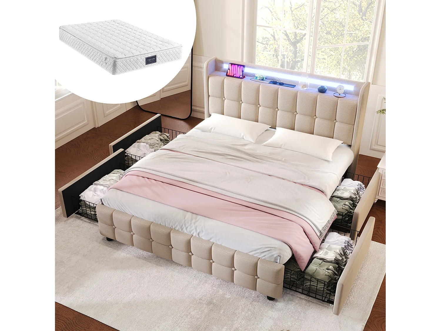 Łóżko dla dorosłych 160x200 cm – z zagłówkiem, 4 szufladami, portem USB, oświetleniem LED – beżowy len – materac w cenie 4813376 - obrazek 1