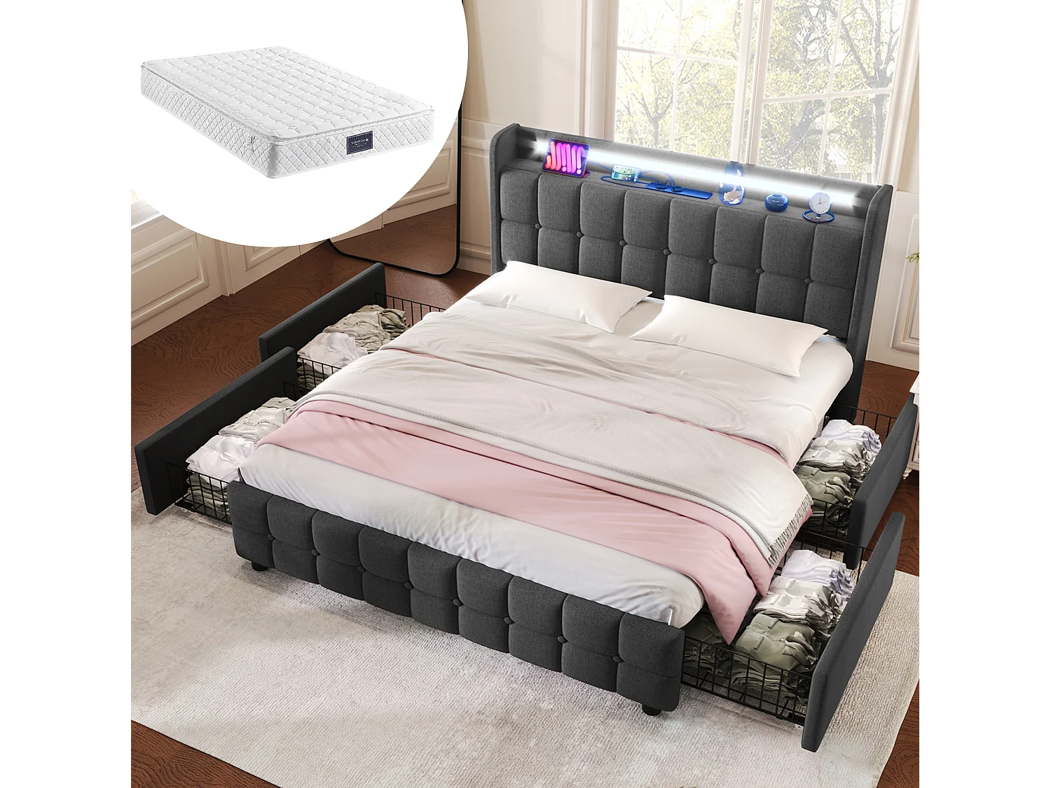 Łóżko dla dorosłych 160x200 cm – z zagłówkiem, 4 szufladami, portem USB, oświetleniem LED – szary len – materac w cenie 4813381 - obrazek 1