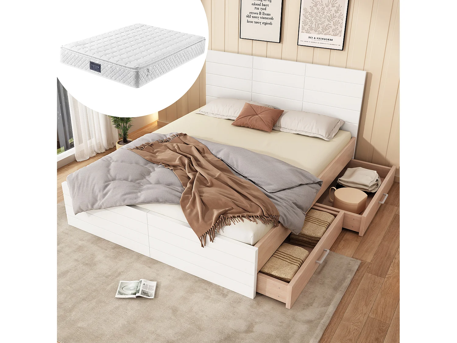 Łóżko dla dorosłych 140x200 cm - z 2 szufladami i stelażem - lite drewno - kolor biały i jasny dąb - materac nie jest wliczony w cenę 4813383 - obrazek 1