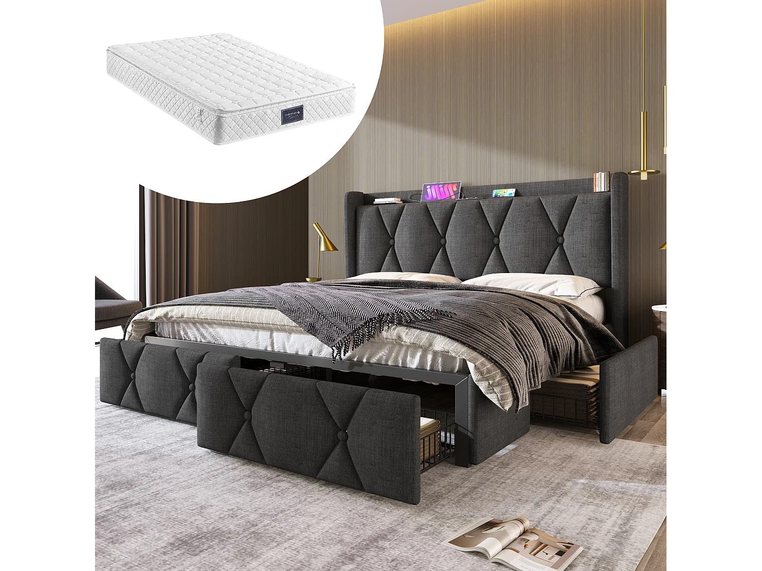 Łóżko dla dorosłych 140x200 cm – z zagłówkiem, portem USB, 4 szufladami, stelażem – szary len – materac w cenie 4813382 - obrazek 1