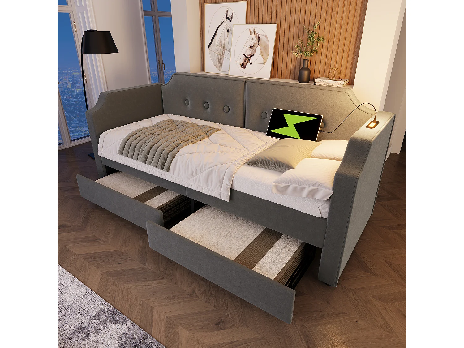 Łóżko dziecięce 90x200 cm - z 2 szufladami, USB typu C, stelaż - aksamit - szare - bez materaca 4813391 - obrazek 1