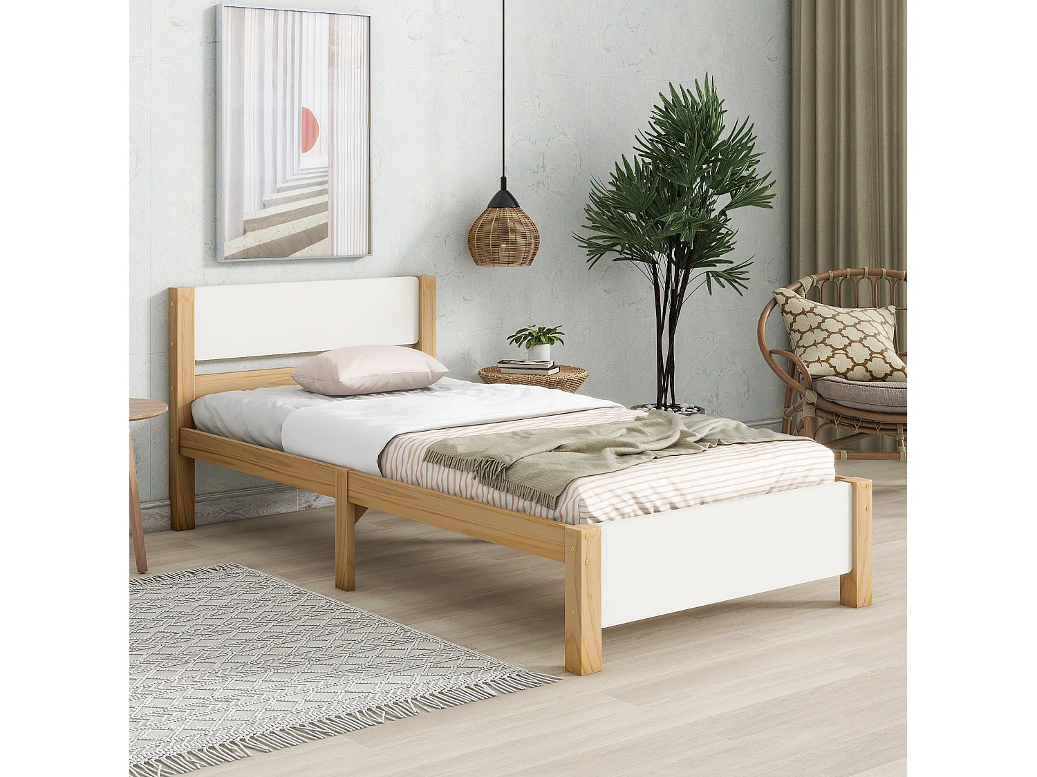 Łóżko dla dorosłych 90x200 cm – łóżko pojedyncze z zagłówkiem – kolor biały i naturalne drewno – materac nie jest wliczony w cenę 4813402 - obrazek 1