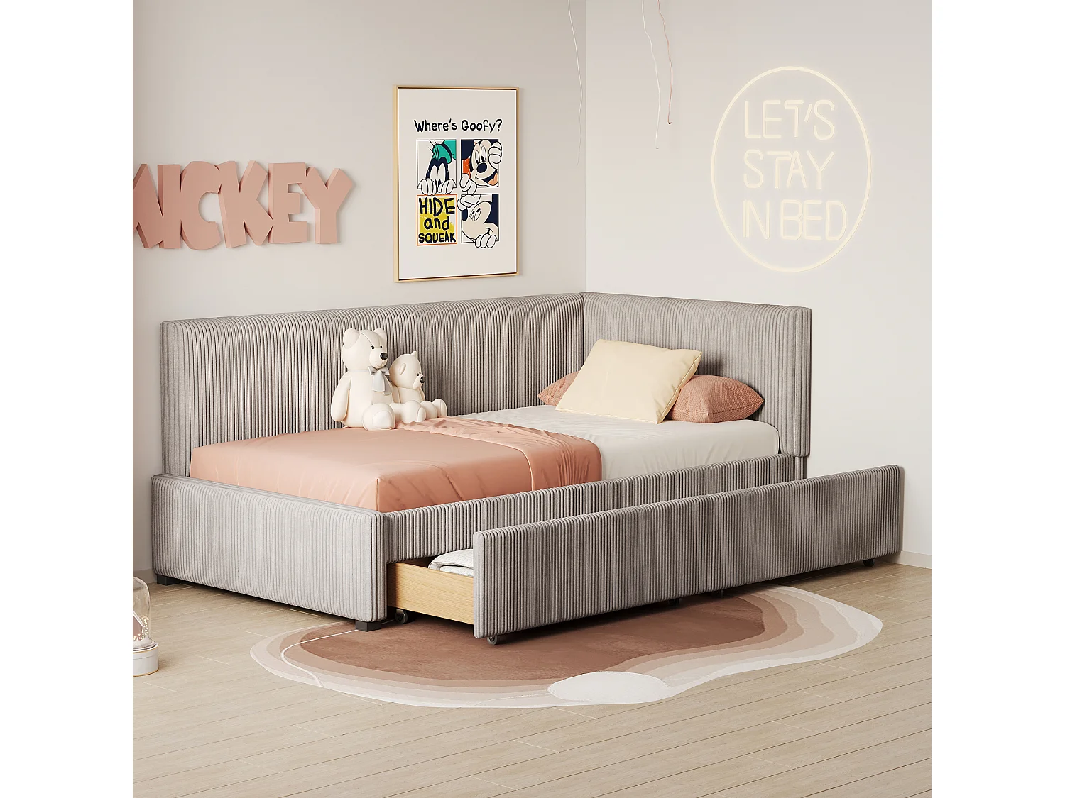 Łóżko dziecięce 90x200 cm – z zagłówkiem, 2 szufladami, stelaż z listew – szare – materac nie jest wliczony w cenę 4813404 - obrazek 1