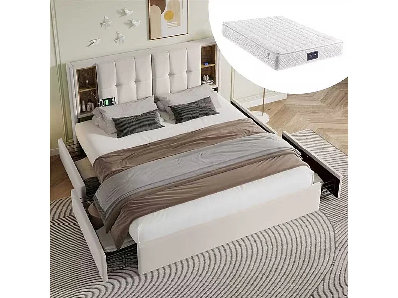 Łóżko dla dorosłych 160x200 cm - z zagłówkiem i schowkiem, 4 szuflady, USB / gniazdo typu C - aksamit - beżowy - materac w cenie 4813406 - obrazek 1