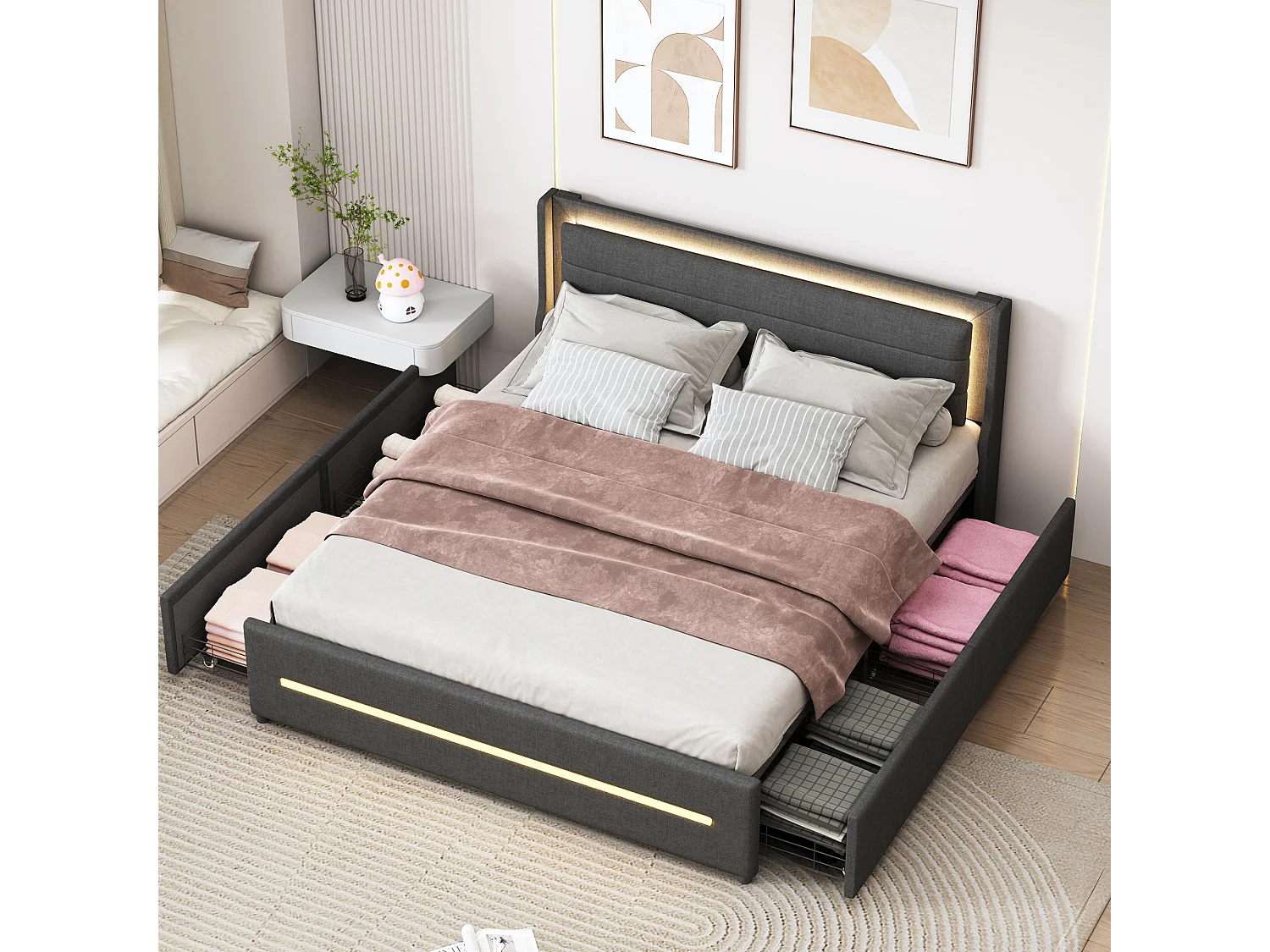 Łóżko dla dorosłych 160×200 cm – z wielokolorowym oświetleniem LED, 4 szuflady, podstawa z listew – len – szary – bez materaca 4813414