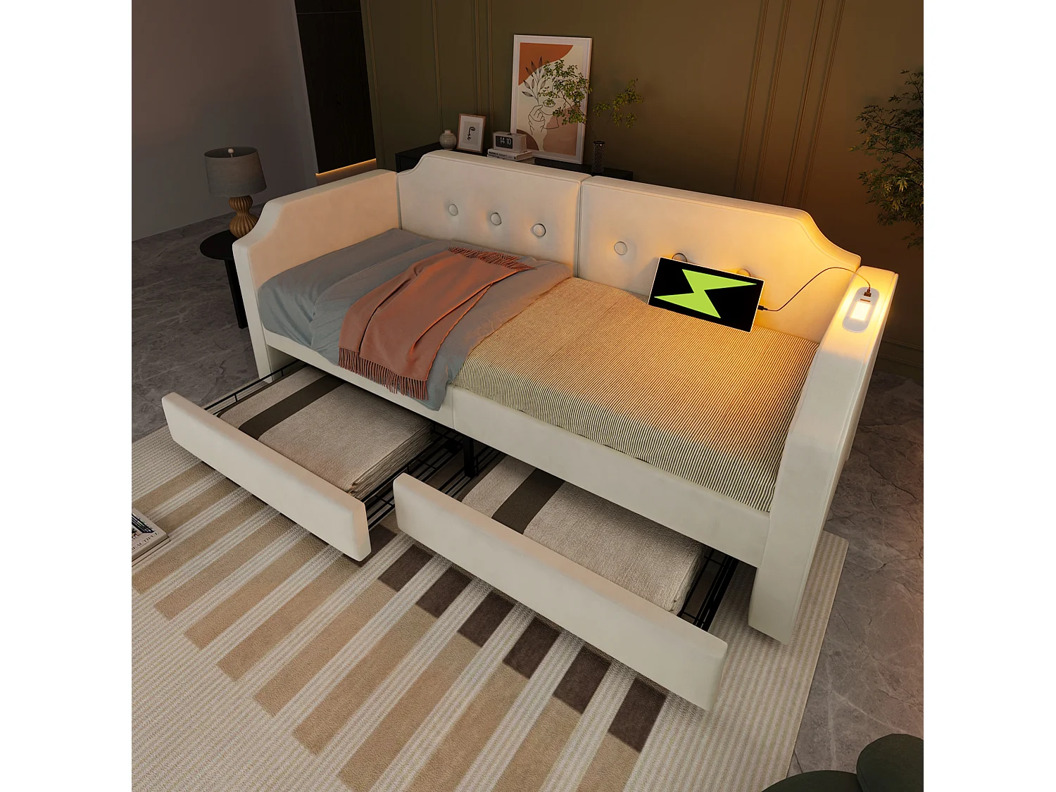 Łóżko dziecięce 90x200 cm - z 2 szufladami, USB typu C, stelaż - aksamit Beż - bez materaca 4813411 - obrazek 1