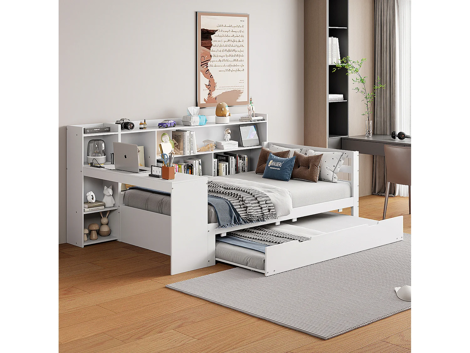 Łóżko dziecięce 90x200 cm - z gniazdem USB, półkami - drewno - białe 4813416 - obrazek 1