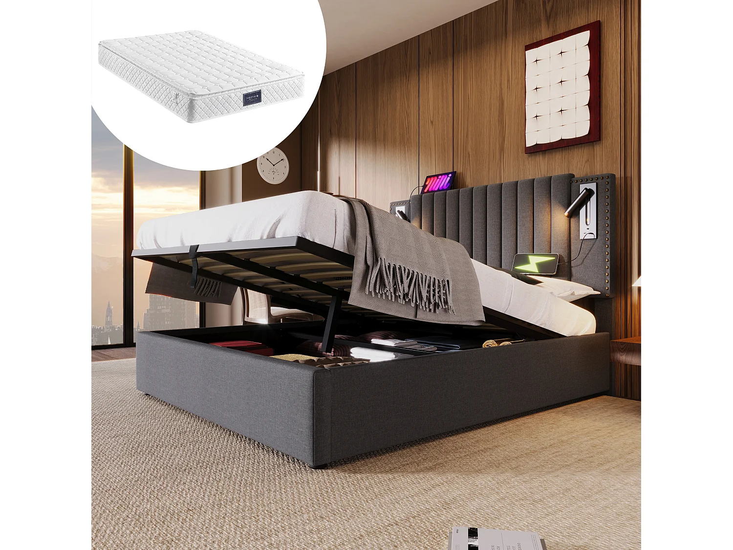 Łóżko dla dorosłych 160x200 cm - z zagłówkiem, USB/typ C, stelaż - szare - materac w cenie 4813447 - obrazek 1