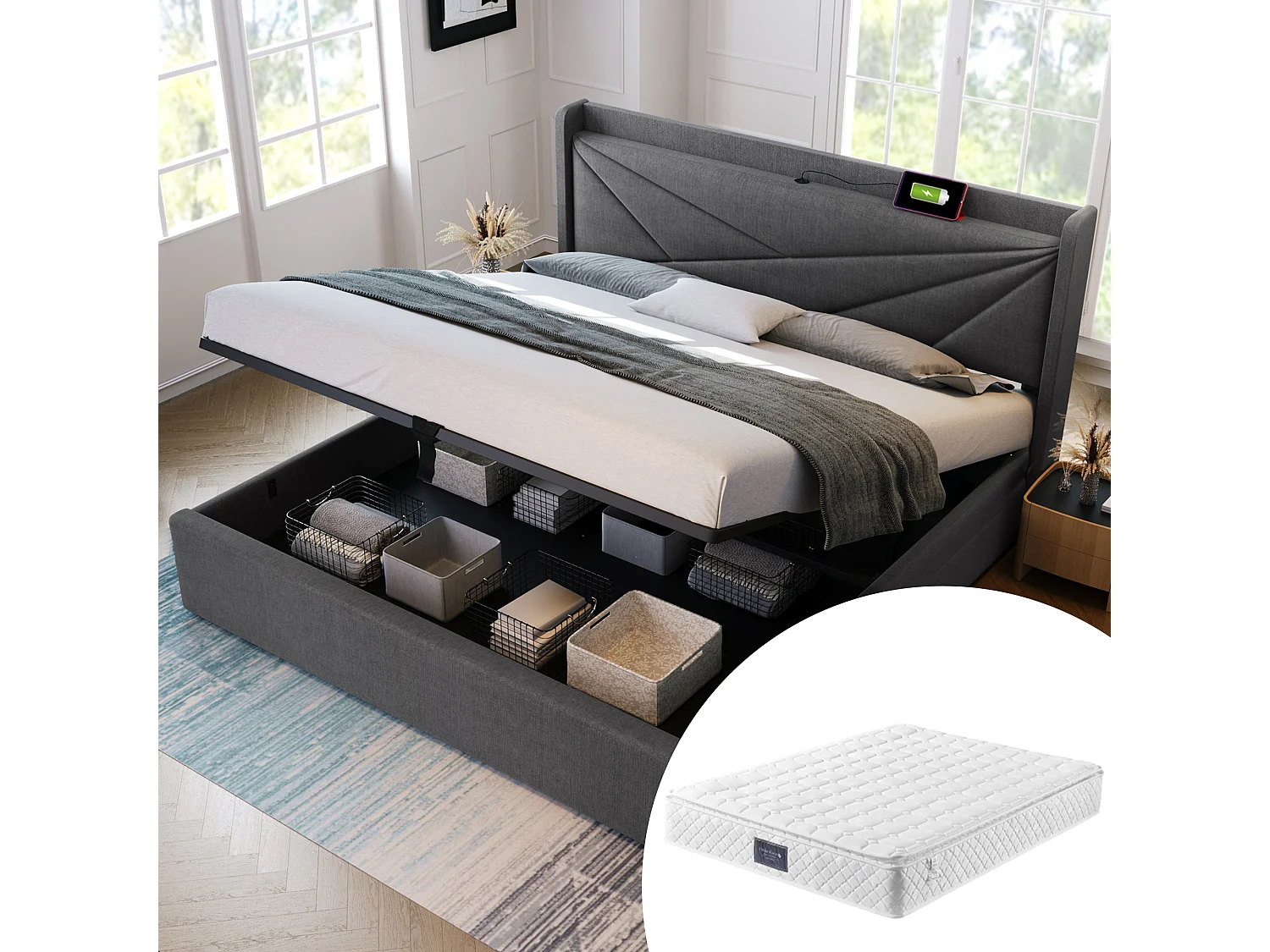 Łóżko dla dorosłych 160x200 cm – z zagłówkiem, portem USB/typu C, stelażem – szary len – materac w cenie 4813449 - obrazek 1