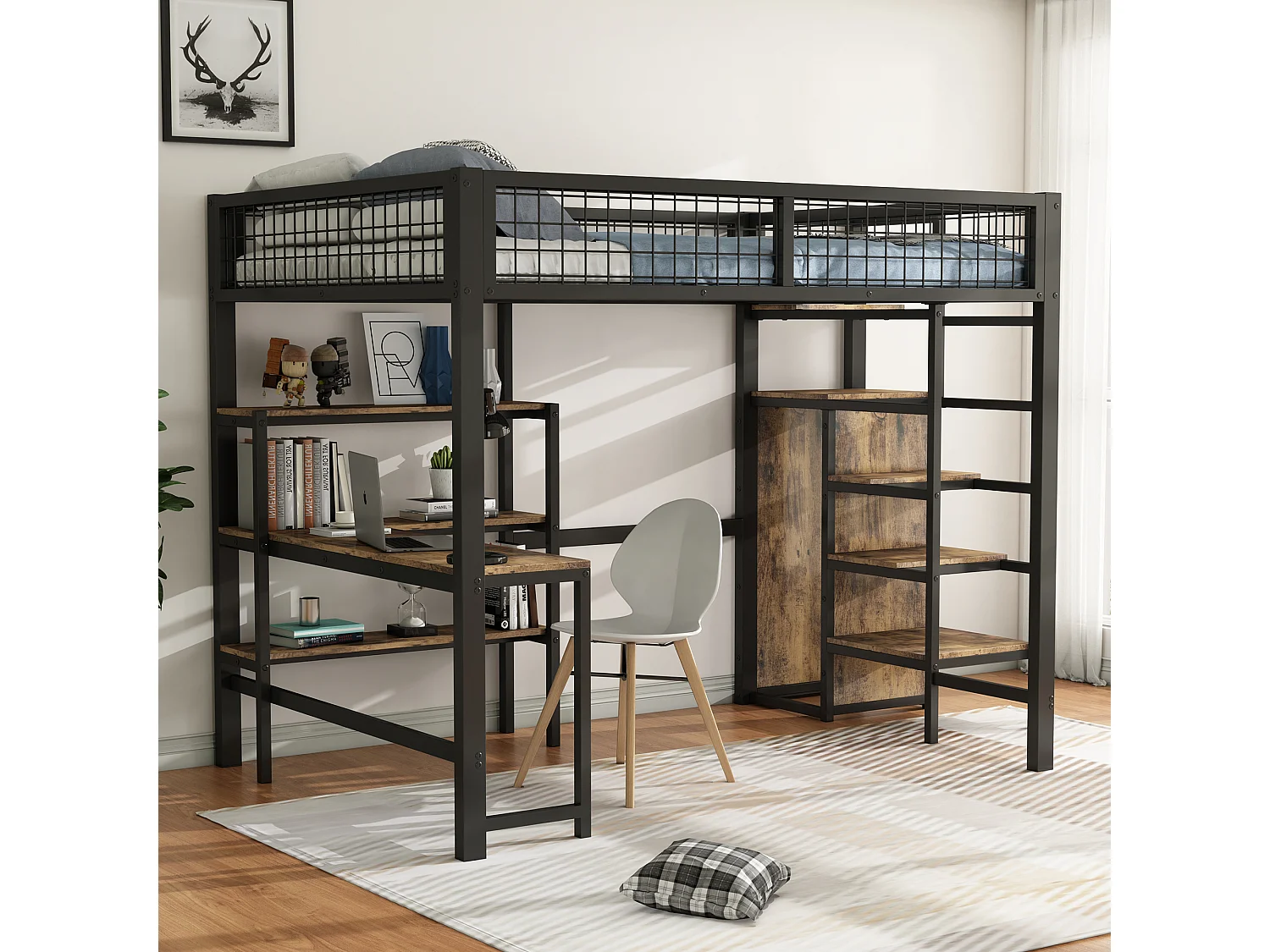 Łóżko górskie 140 x 200 cm – z półkami, stelażem – czarno-brązowe – materac nie jest wliczony w cenę 4813452 - obrazek 1