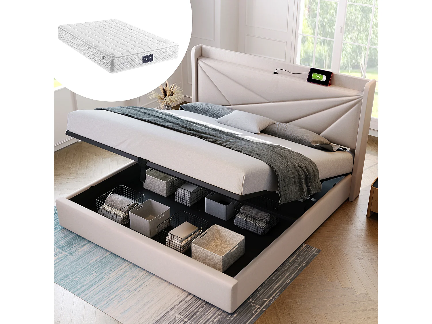Łóżko dla dorosłych 160x200 cm – z zagłówkiem, portami USB i USB typu C, stelażem – beżowy len – materac w cenie 4813459 - obrazek 1