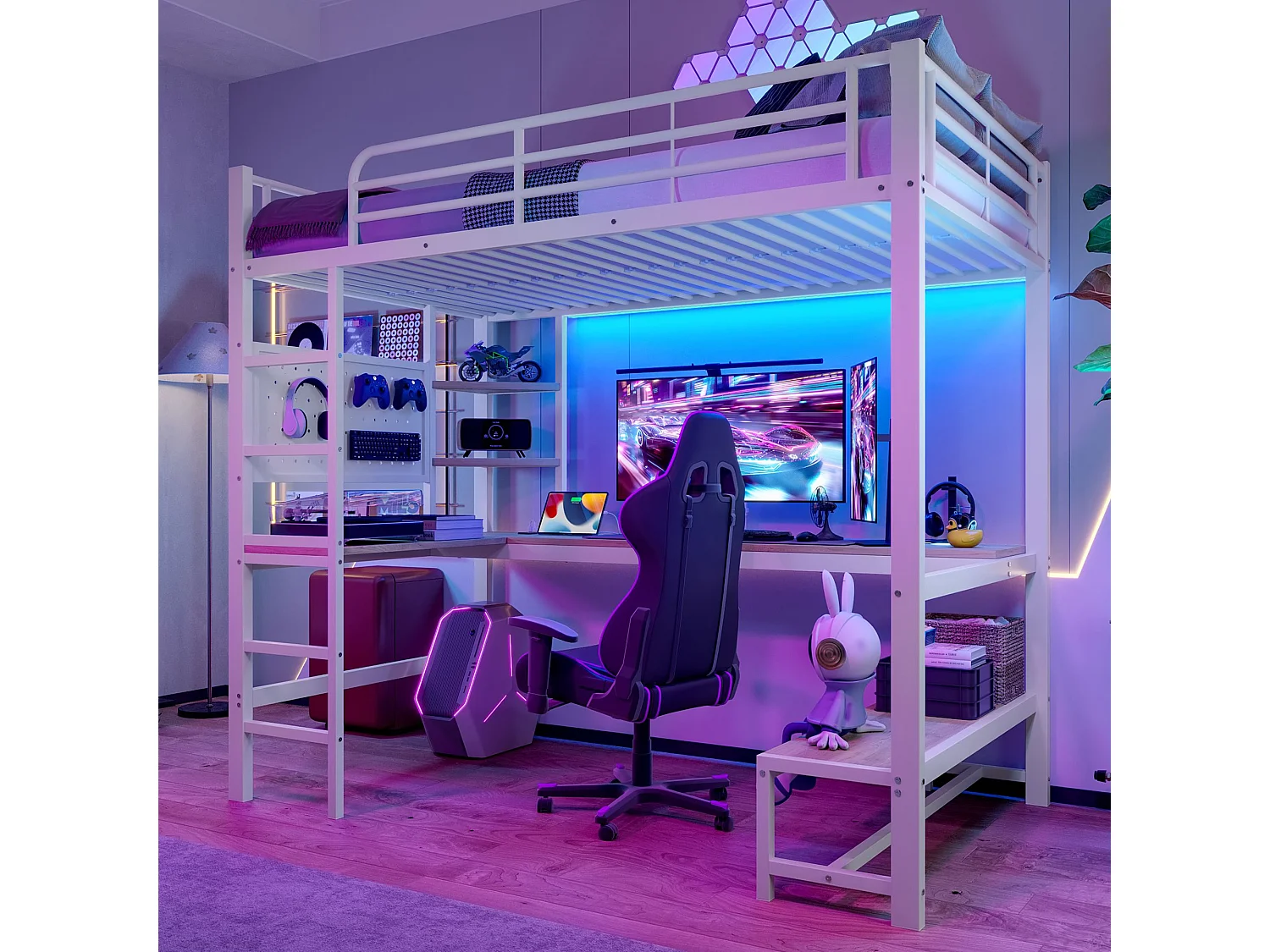 Łóżko piętrowe 140 x 200 cm - Łóżko dwuosobowe z biurkiem i oświetleniem LED - białe - materac nie jest wliczony w cenę 4813463 - obrazek 1
