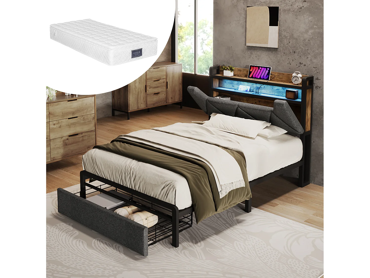 Łóżko dla dzieci 90x200 cm - z zagłówkiem i schowkiem, USB i gniazdo typu C, oświetlenie LED, szuflady - szary len - materac w cenie 4813503 - obrazek 1