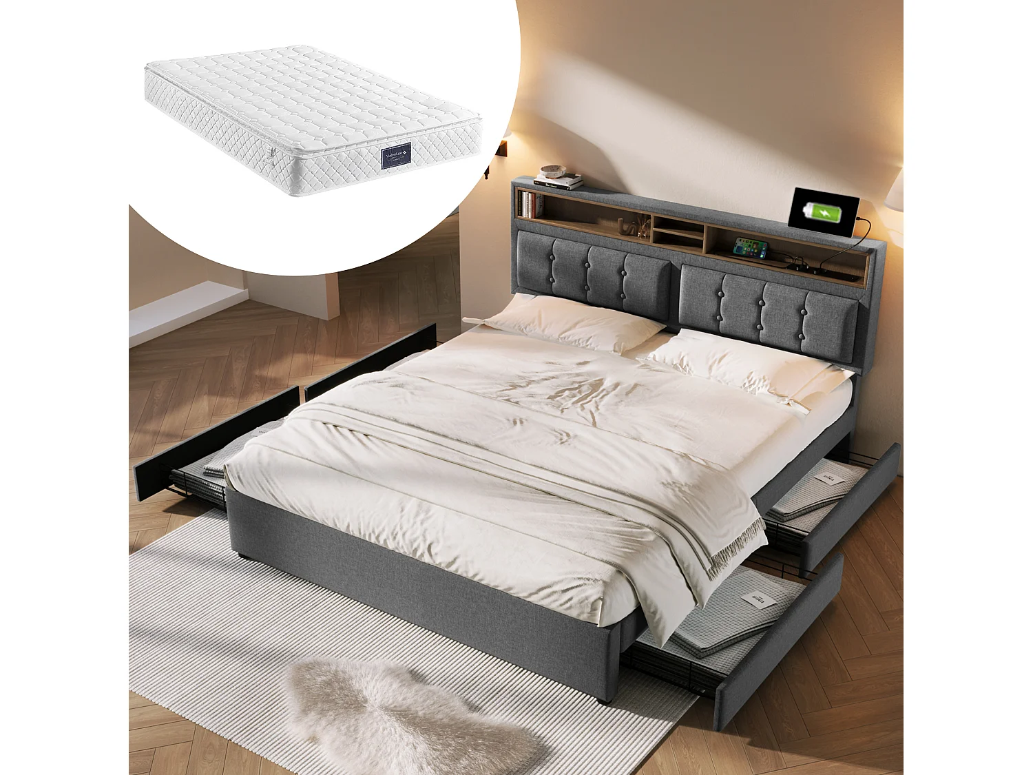 Łóżko dla dorosłych 140x200 cm - z zagłówkiem i schowkiem, 4 szuflady, USB/Typ-C - lniane - szare - materac w cenie 4813506 - obrazek 1