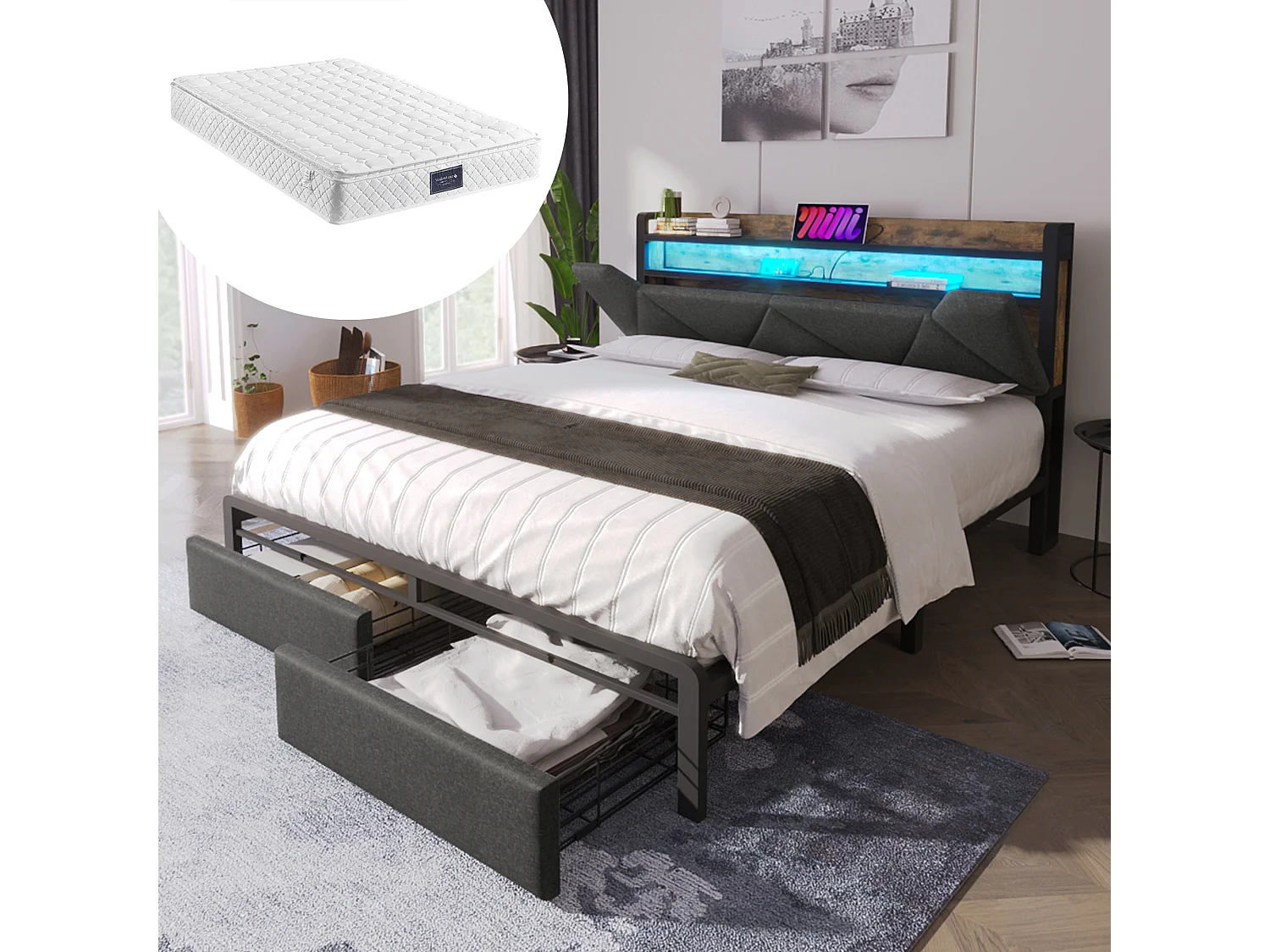 Łóżko dla dorosłych 160x200 cm - z zagłówkiem i schowkiem, USB, gniazdo typu C, oświetlenie LED, 2 szuflady - szary len - materac w cenie 4813507 - obrazek 1