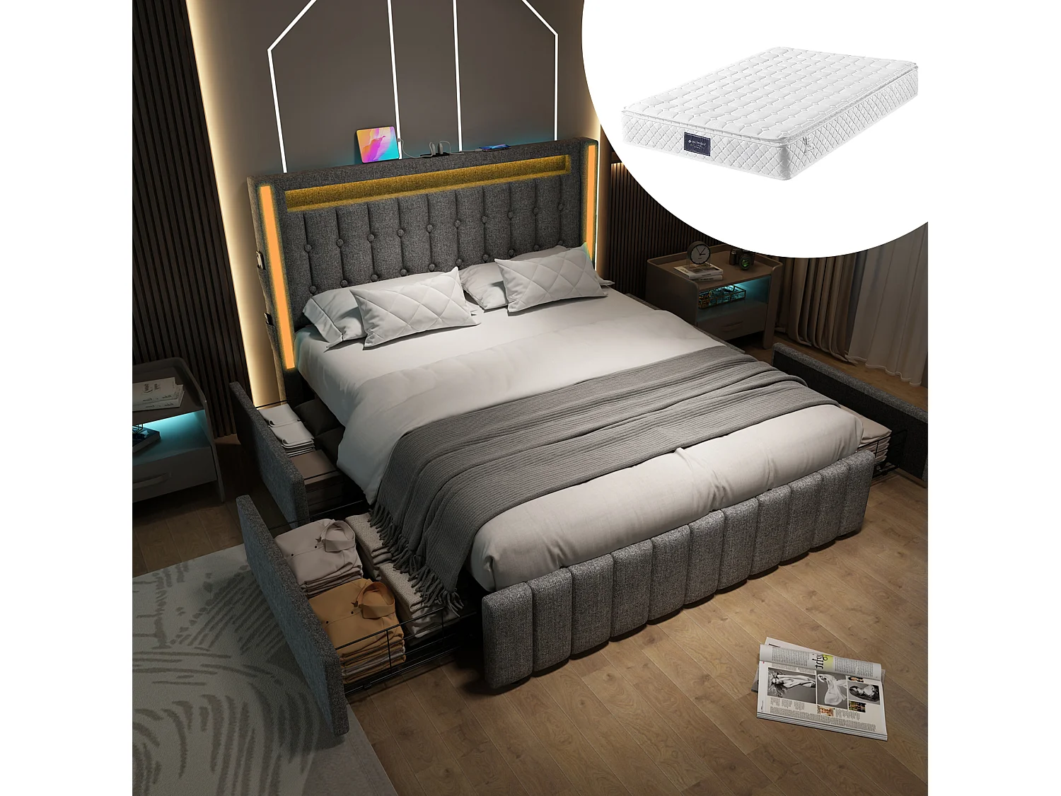 Łóżko dla dorosłych 160x200 cm z zagłówkiem i schowkiem, 4 szuflady USB/typ C, oświetlenie LED - szare len - materac wliczony w cenę 4813510 - obrazek 1