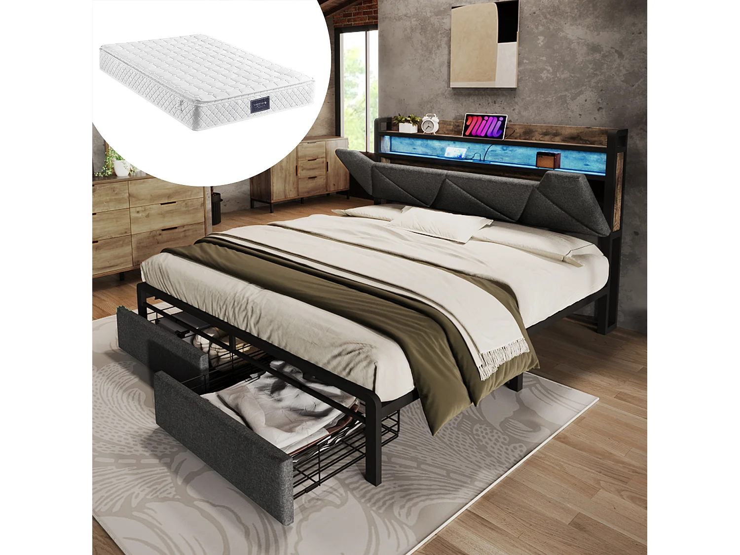 Łóżko dla dorosłych 140x200 cm - z zagłówkiem i schowkiem, 2 szuflady, USB, gniazdo typu C, oświetlenie LED - szary len - materac w cenie 4813512 - obrazek 1