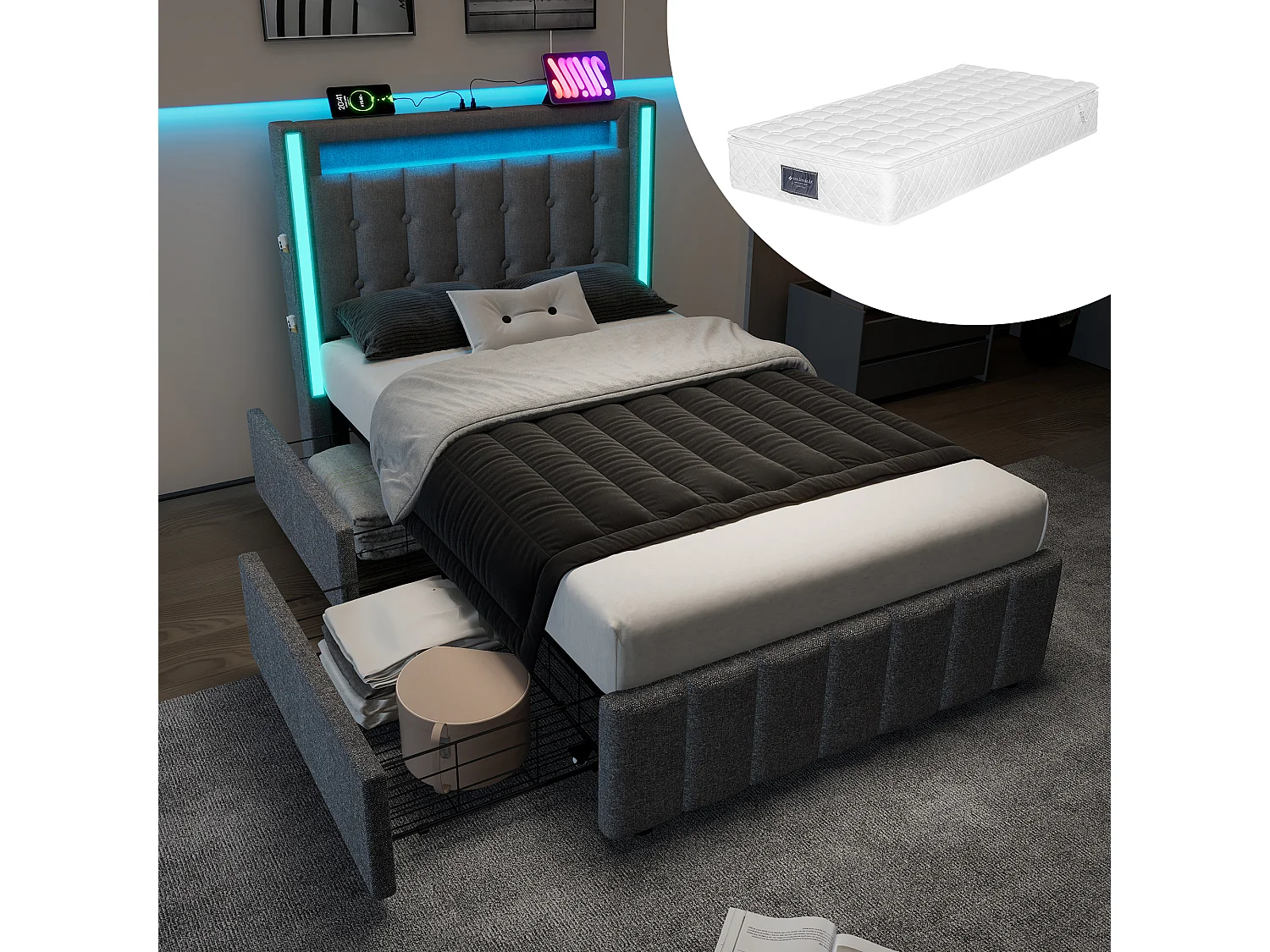 Łóżko dziecięce 90x200 cm - z zagłówkiem i schowkiem, 2 szufladami, USB/Typ-C, oświetleniem LED - szare, lniane - materac w cenie 4813514 - obrazek 1
