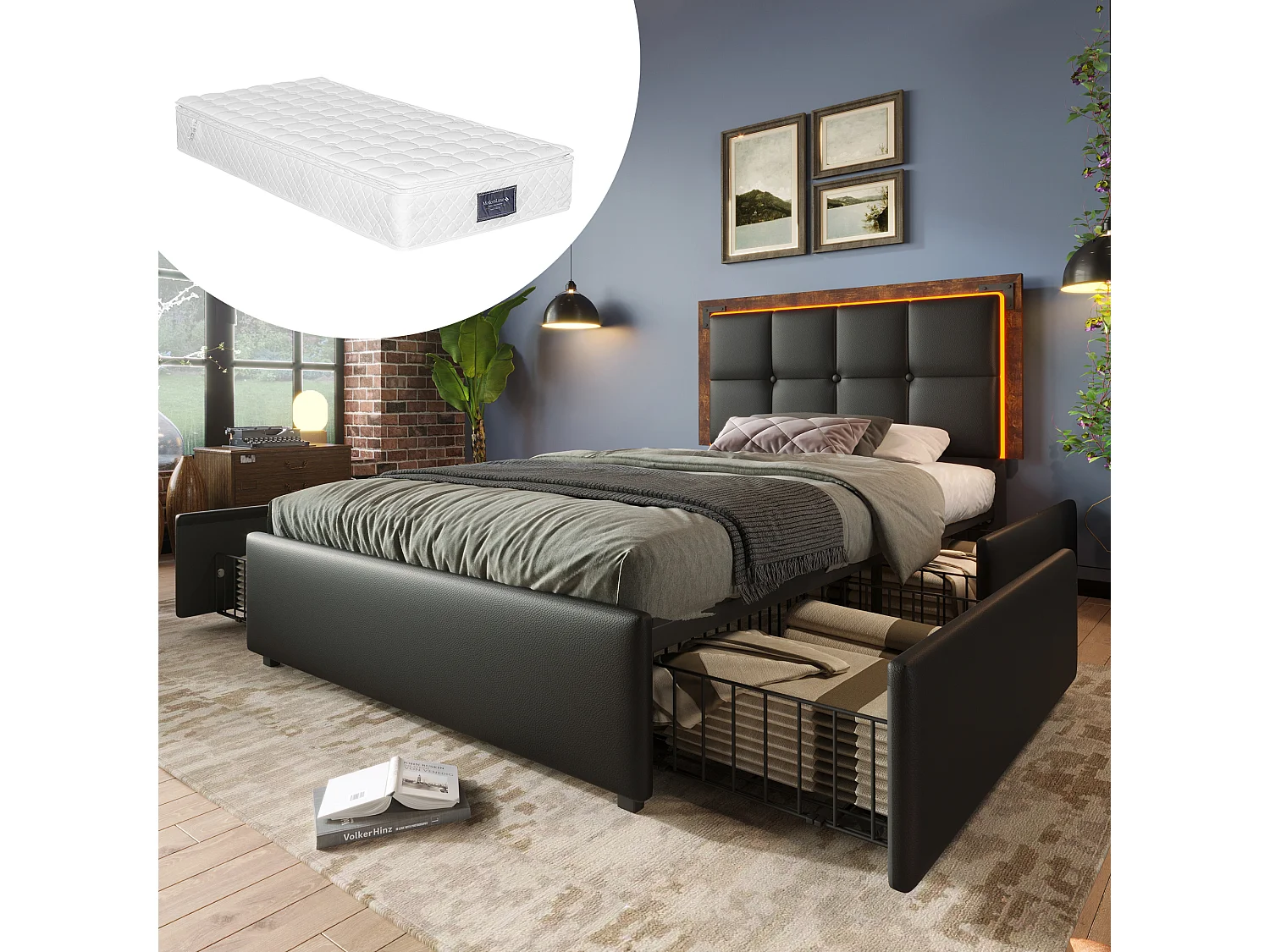 Łóżko dla dzieci 90x200 cm - z regulowanym zagłówkiem, oświetleniem LED, 4 szuflady - czarne - materac w zestawie 4813517 - obrazek 1