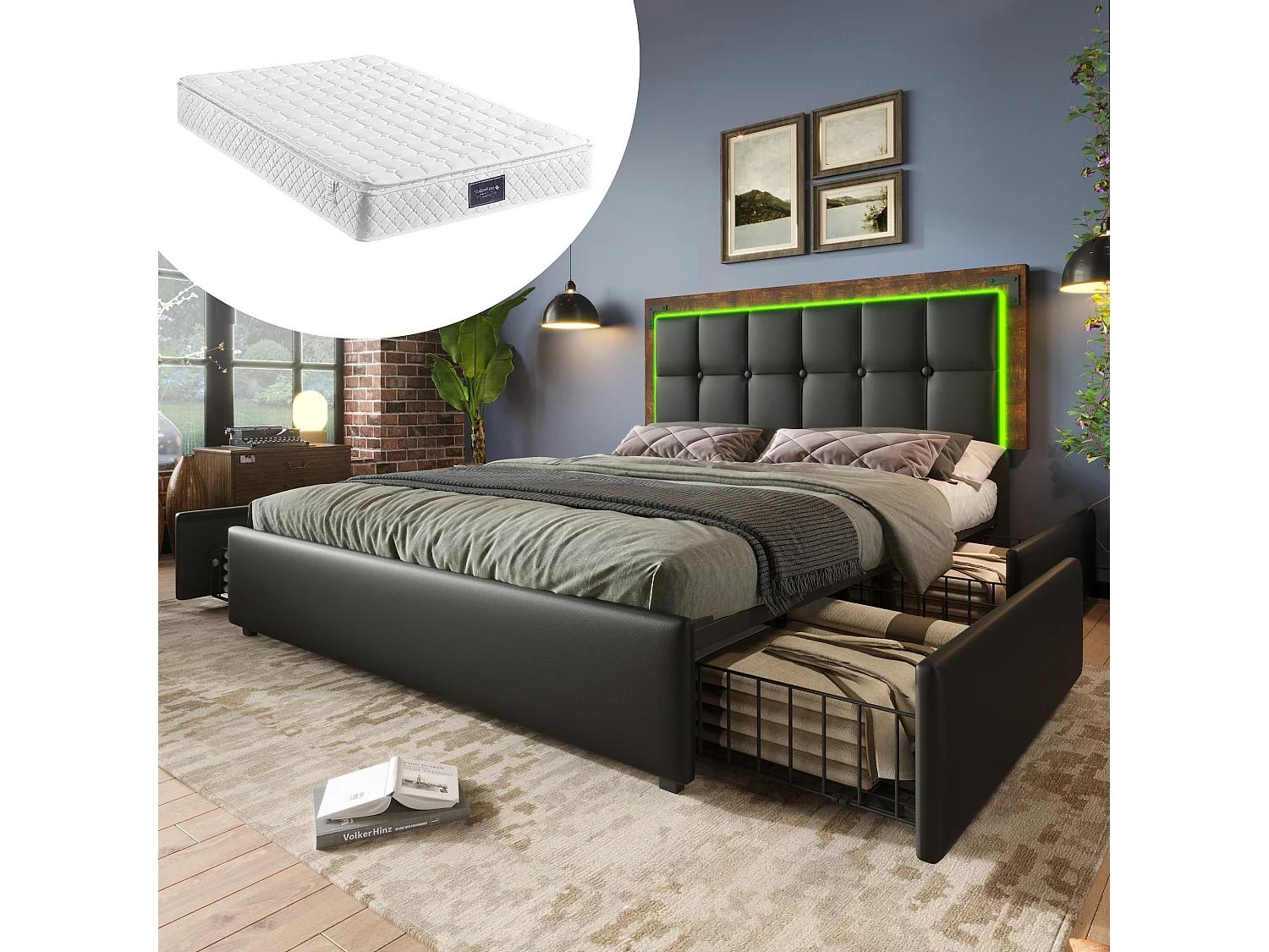 Łóżko dla dorosłych 140x200 cm - z zagłówkiem, 4 szuflady, LED, stelaż - skóra syntetyczna - czarne - materac w zestawie 4813519 - obrazek 1