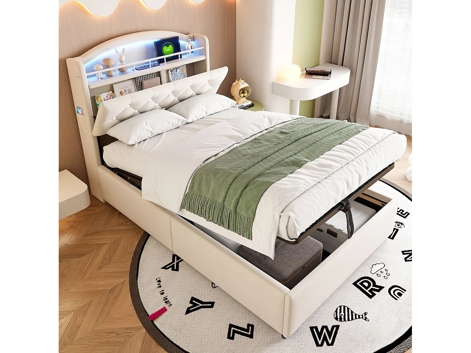 Łóżko dziecięce 90×200 cm – z zagłówkiem ze schowkiem, oświetleniem LED, portami USB i Type-C, podstawą z listew – tkanina – beżowy 4813528