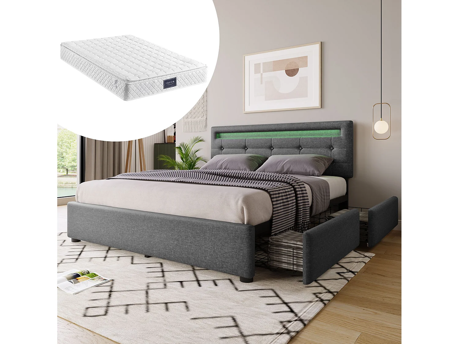 Łóżko dla dorosłych 140x200 cm - Łóżko małżeńskie z 2 szufladami i lampką LED - pościel szara - materac w komplecie 4813553 - obrazek 1