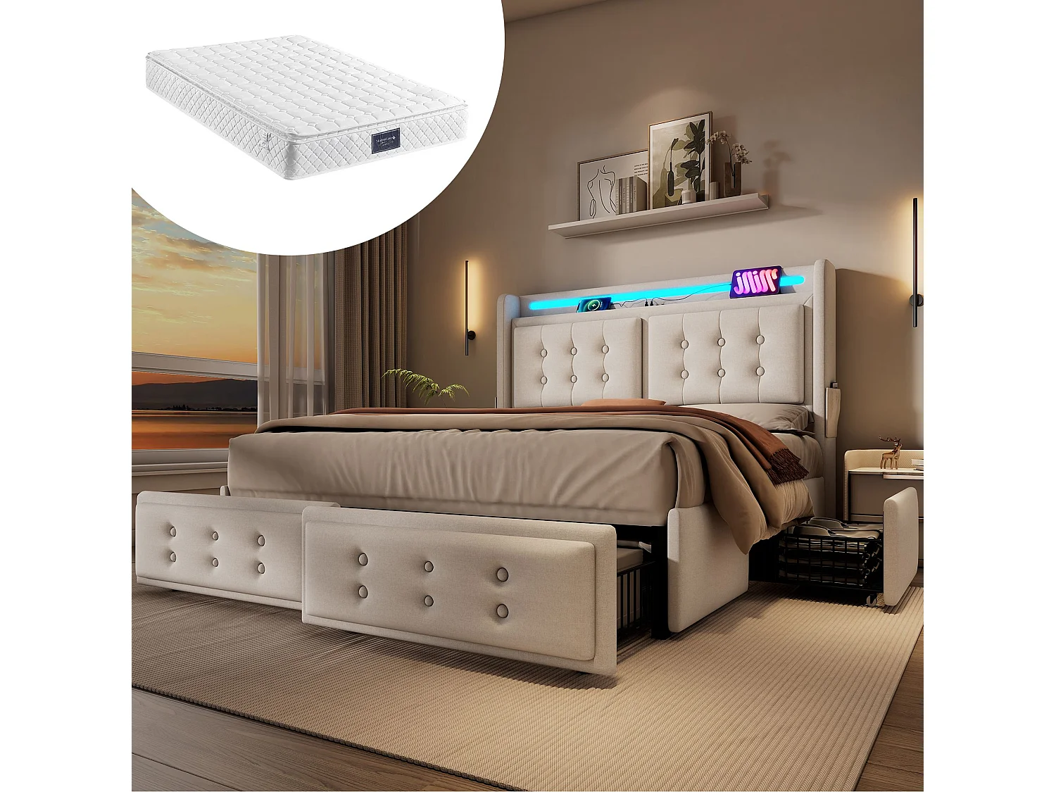 Łóżko dla dorosłych 140x200 cm - z zagłówkiem LED, 4 szufladami, USB i USB typu C, stelaż - materiał - beżowe - materac w zestawie 4813552 - obrazek 1