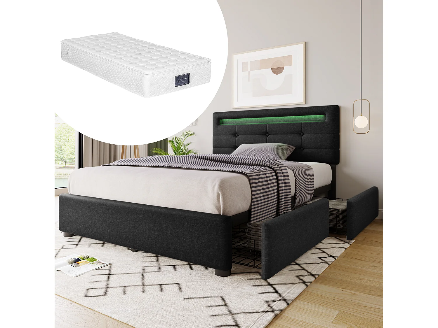 Łóżko dla dorosłych 90x200 cm - Łóżko pojedyncze z 2 szufladami i oświetleniem LED - pościel czarna - materac w komplecie 4813550 - obrazek 1