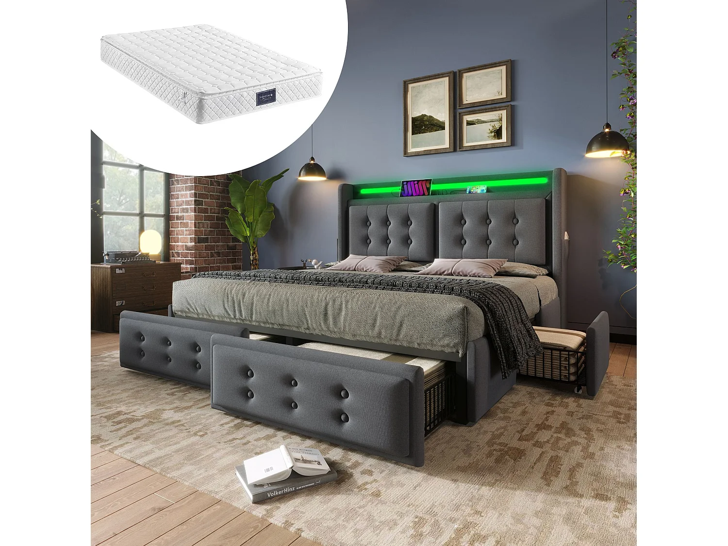 Łóżko dla dorosłych 140x200 cm - z zagłówkiem, 4 szufladami, USB, USB typu C, LED, stelaż - materiał - szare - materac w zestawie 4813559 - obrazek 1