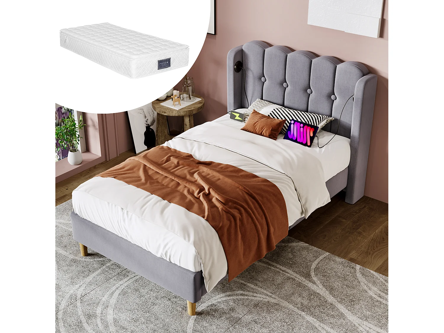 Łóżko dziecięce 90x200 cm - z zagłówkiem, portem USB/typu C, stelażem - len - szare - materac w cenie 4813561 - obrazek 1